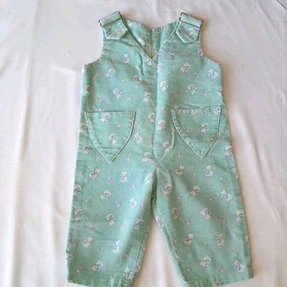 Handmade Kitten Floral Baby Toddler Overalls Sage Green Flowers Cottage Corduroy - Picture 1 of 8
